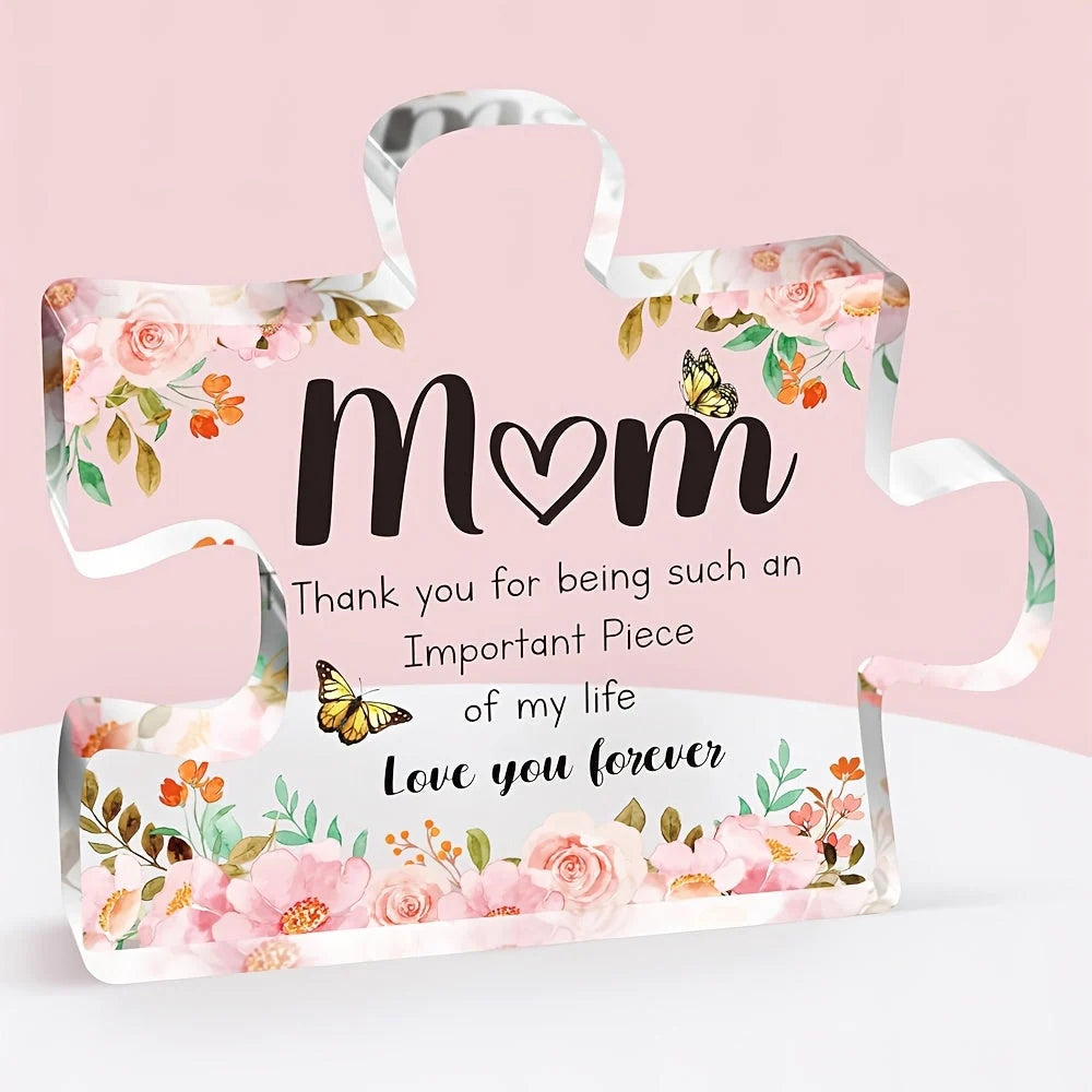 Acrylic Display Plaque | Puzzle-Shaped Floral Butterfly Art | Freestanding