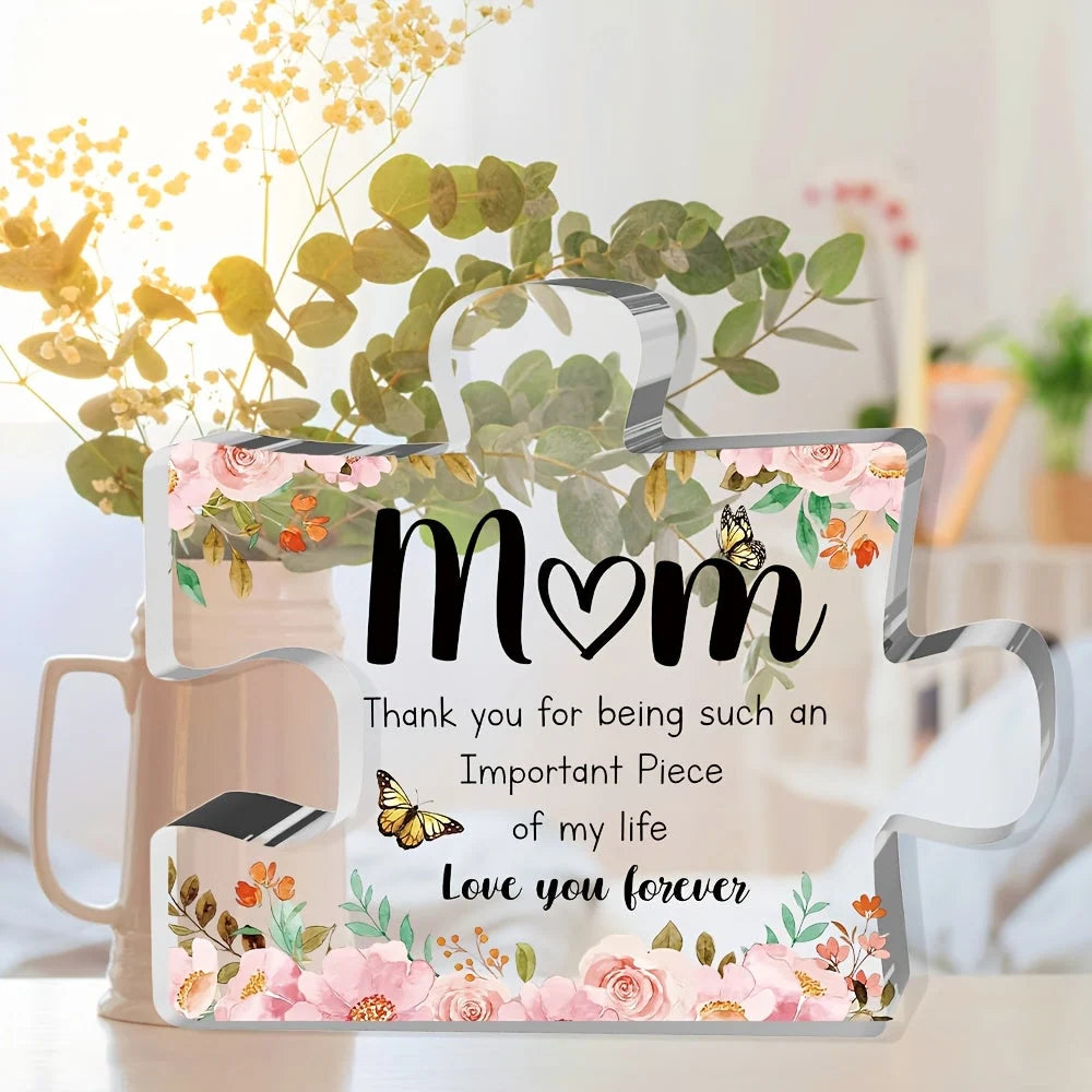 Acrylic Display Plaque | Puzzle-Shaped Floral Butterfly Art | Freestanding