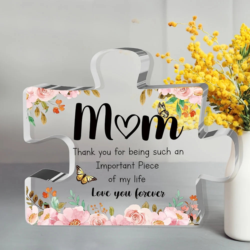 Acrylic Display Plaque | Puzzle-Shaped Floral Butterfly Art | Freestanding
