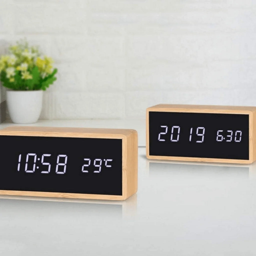 Alarm Clock | Bamboo LED Time & Temperature | USB & Battery-Powered