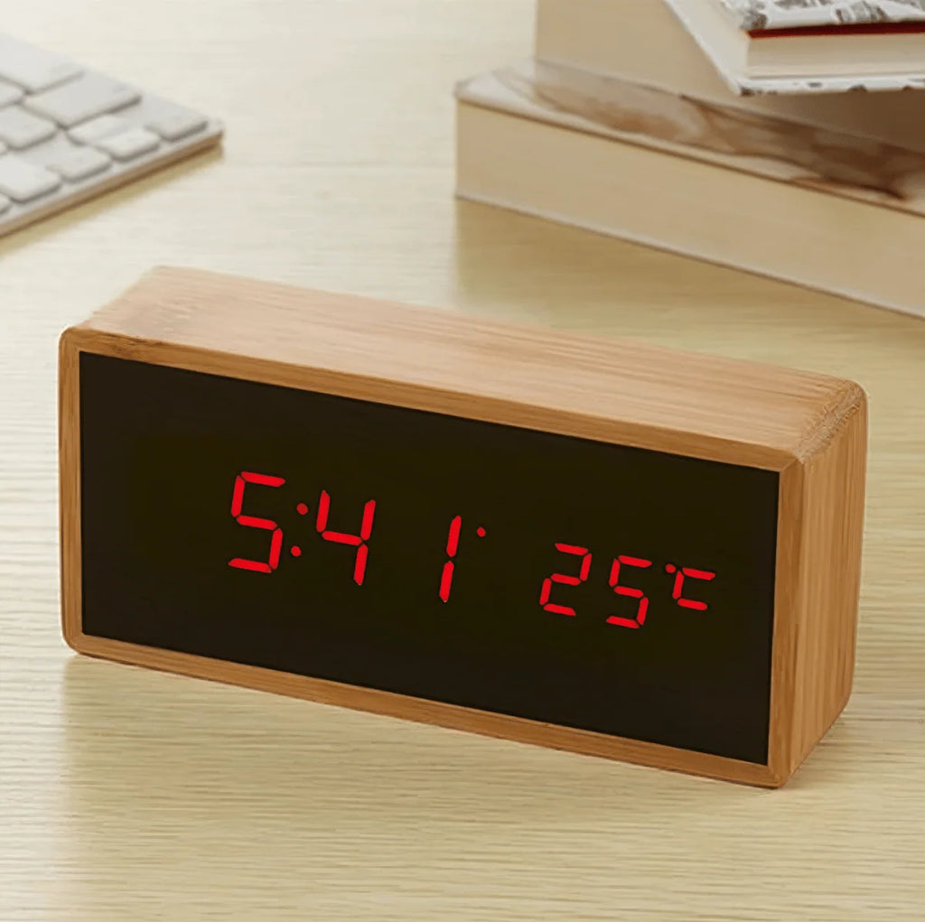 Alarm Clock | Bamboo LED Time & Temperature | USB & Battery-Powered