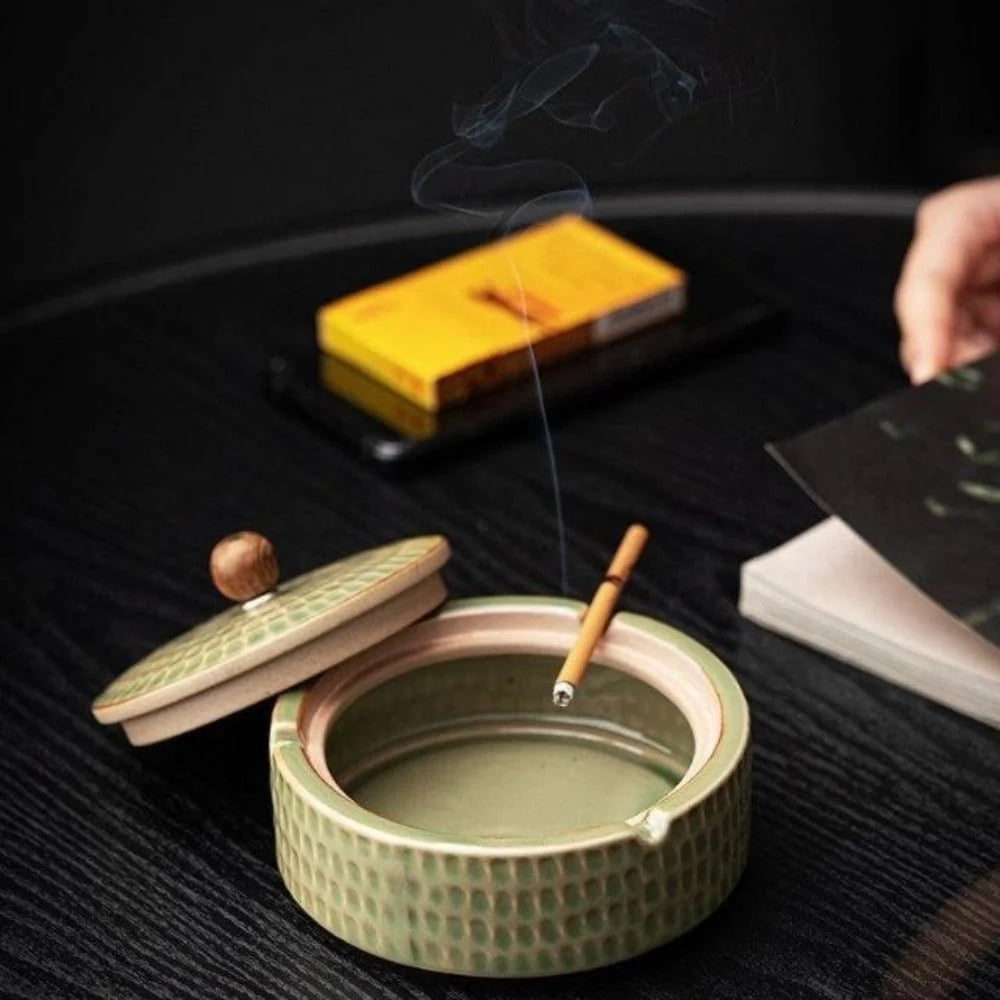 Ashtray | Handcrafted Glazed Ceramic & Wooden Lid
