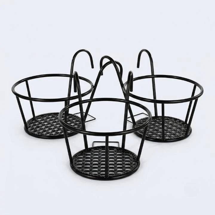 Balcony Plant Hanger | Hook-On Iron & Open-Grid Drainage | Set of 3