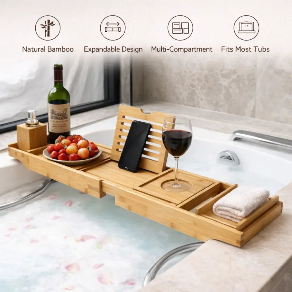 Bathtub Caddy Tray | Adjustable Bamboo | Multi-Purpose