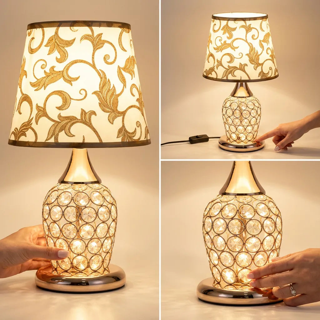 Bedside Lamp | Crystal Accents & Fabric Shade | Bulb Included