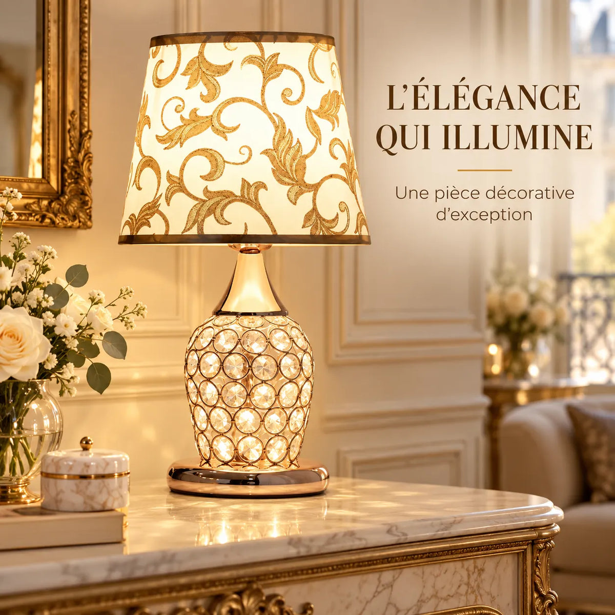 Bedside Lamp | Crystal Accents & Fabric Shade | Bulb Included