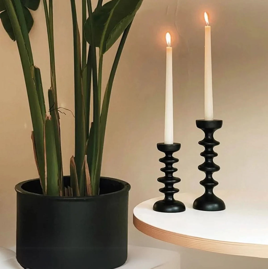 Candle Holder | Sculptural Black Wood | Set of 2