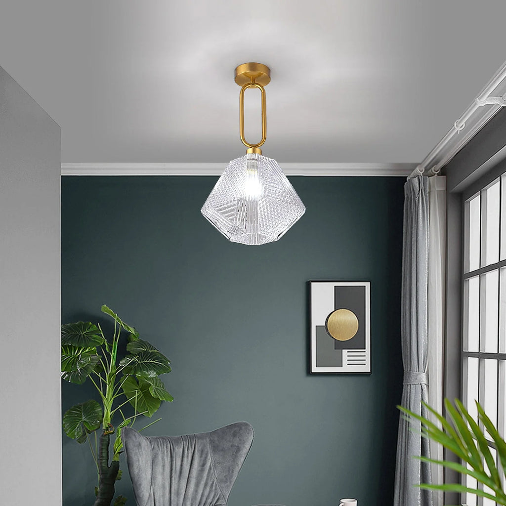 Ceiling Lamp | Diamond-Pattern Gold Finish & Integrated LED | Compact Profile