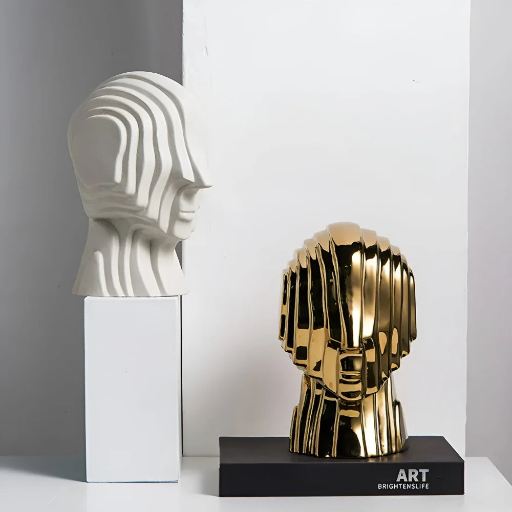Ceramic Head Sculpture | Geometric Design & Golden Fringe