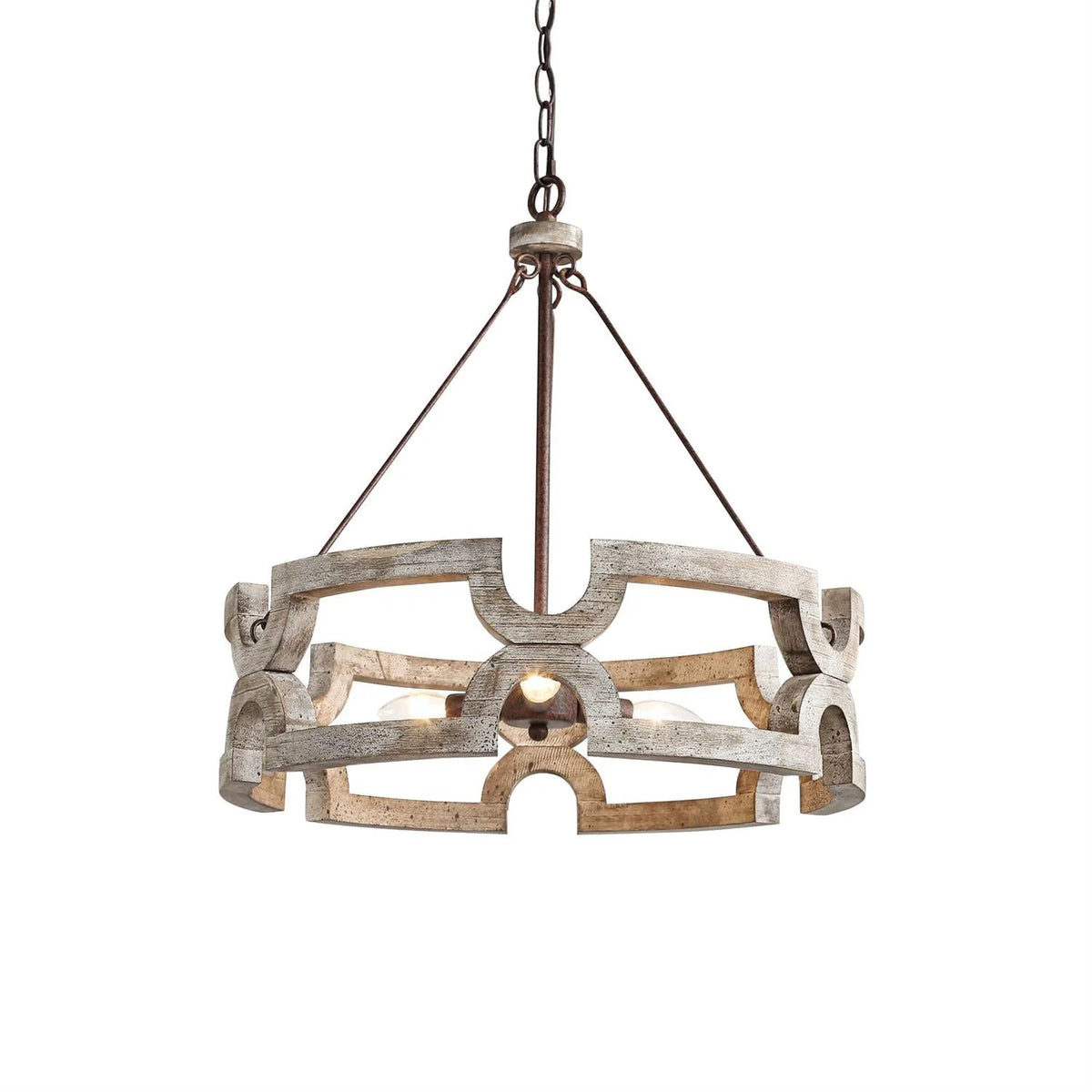 Chandelier | Round Aged Wood Frame & Iron Accents | 3-Light