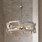 Chandelier | Round Aged Wood Frame & Iron Accents | 3-Light
