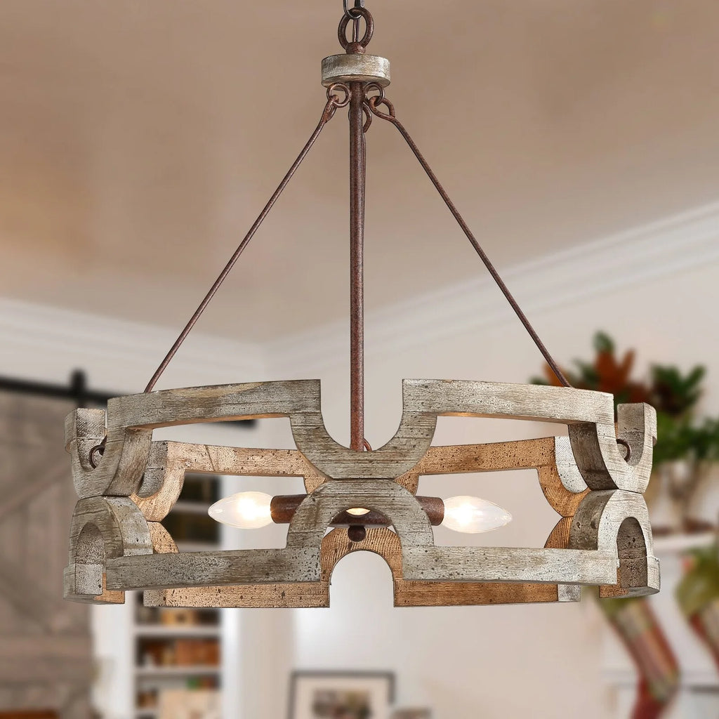 Chandelier | Round Aged Wood Frame & Iron Accents | 3-Light