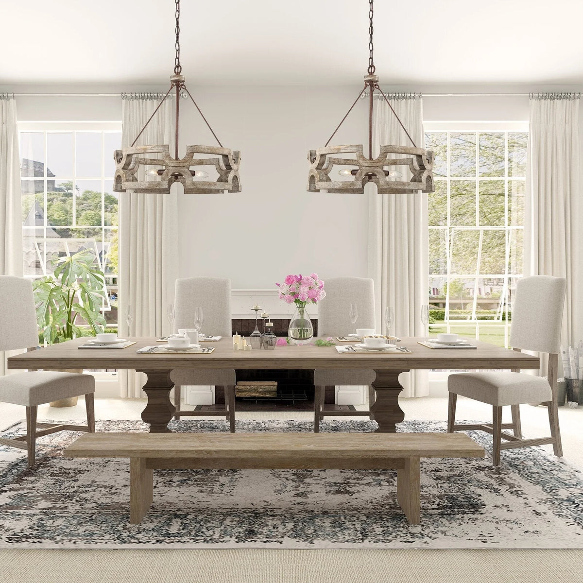 Chandelier | Round Aged Wood Frame & Iron Accents | 3-Light