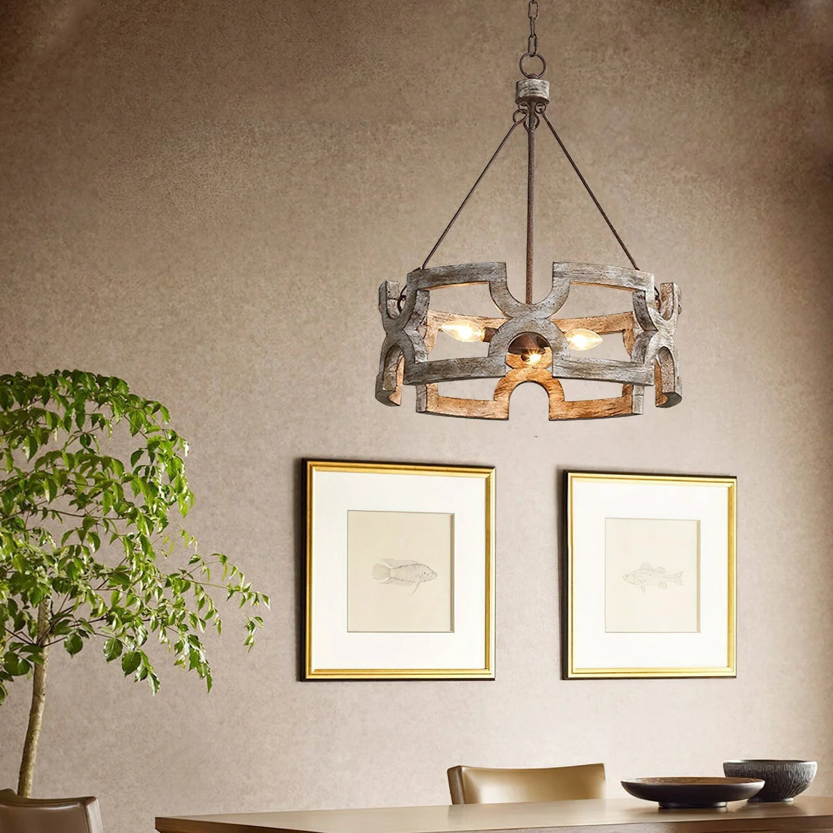 Chandelier | Round Aged Wood Frame & Iron Accents | 3-Light