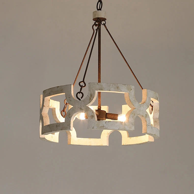 Chandelier | Round Aged Wood Frame & Iron Accents | 3-Light