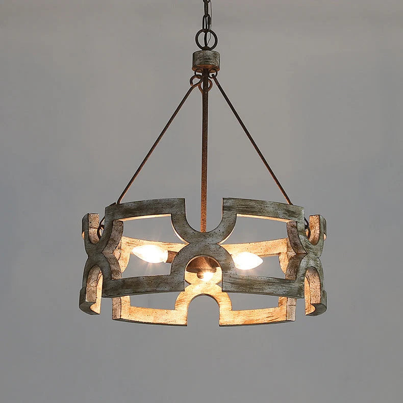 Chandelier | Round Aged Wood Frame & Iron Accents | 3-Light