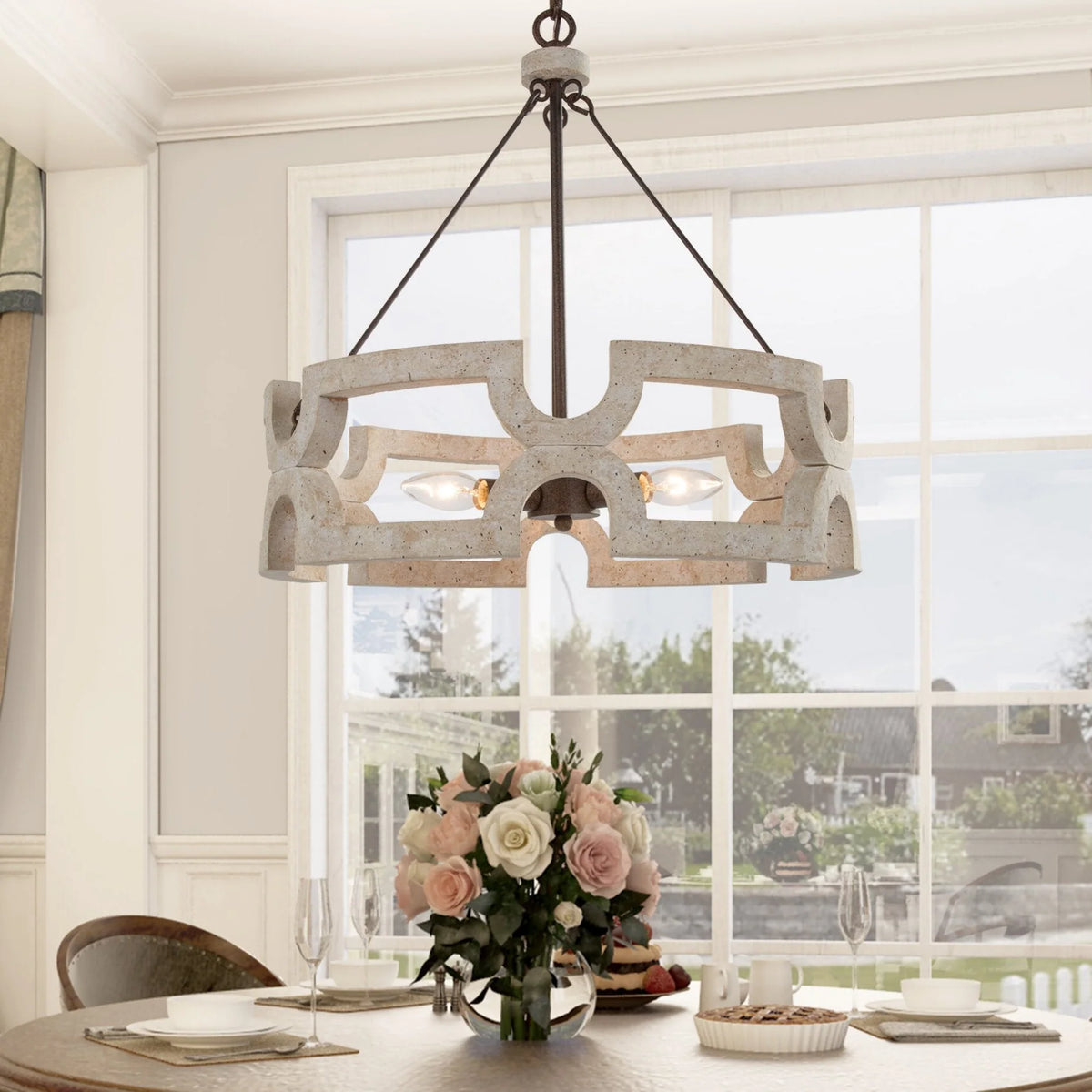 Chandelier | Round Aged Wood Frame & Iron Accents | 3-Light