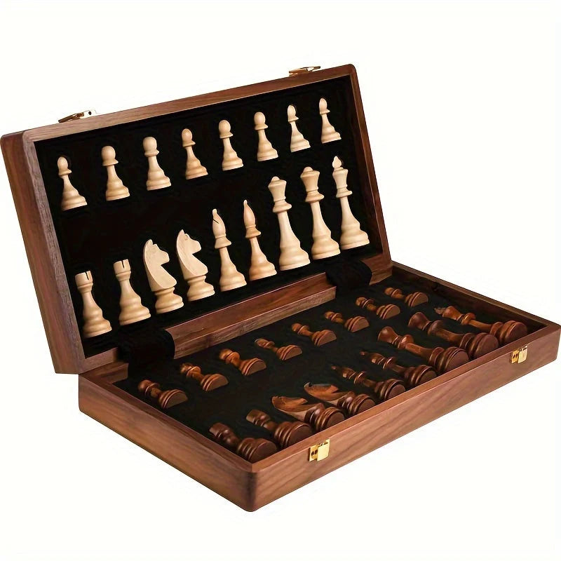 Chess Set | Foldable Walnut Board & Hand-Carved Weighted Pieces