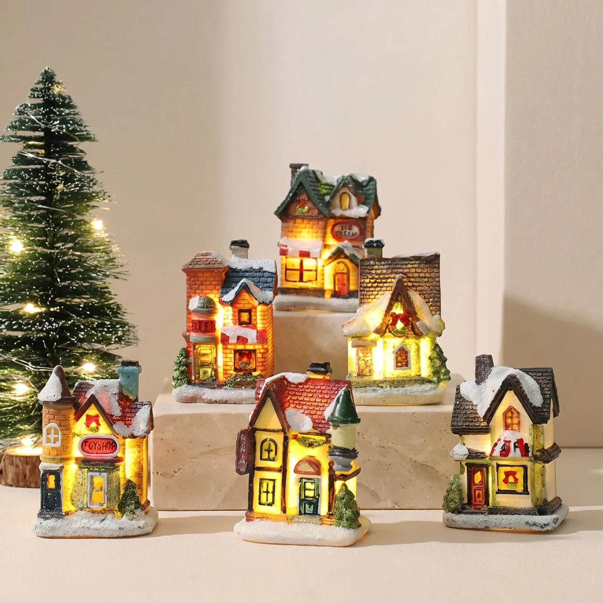 Christmas Village Set | Hand-Painted & Warm LED | 6-Piece