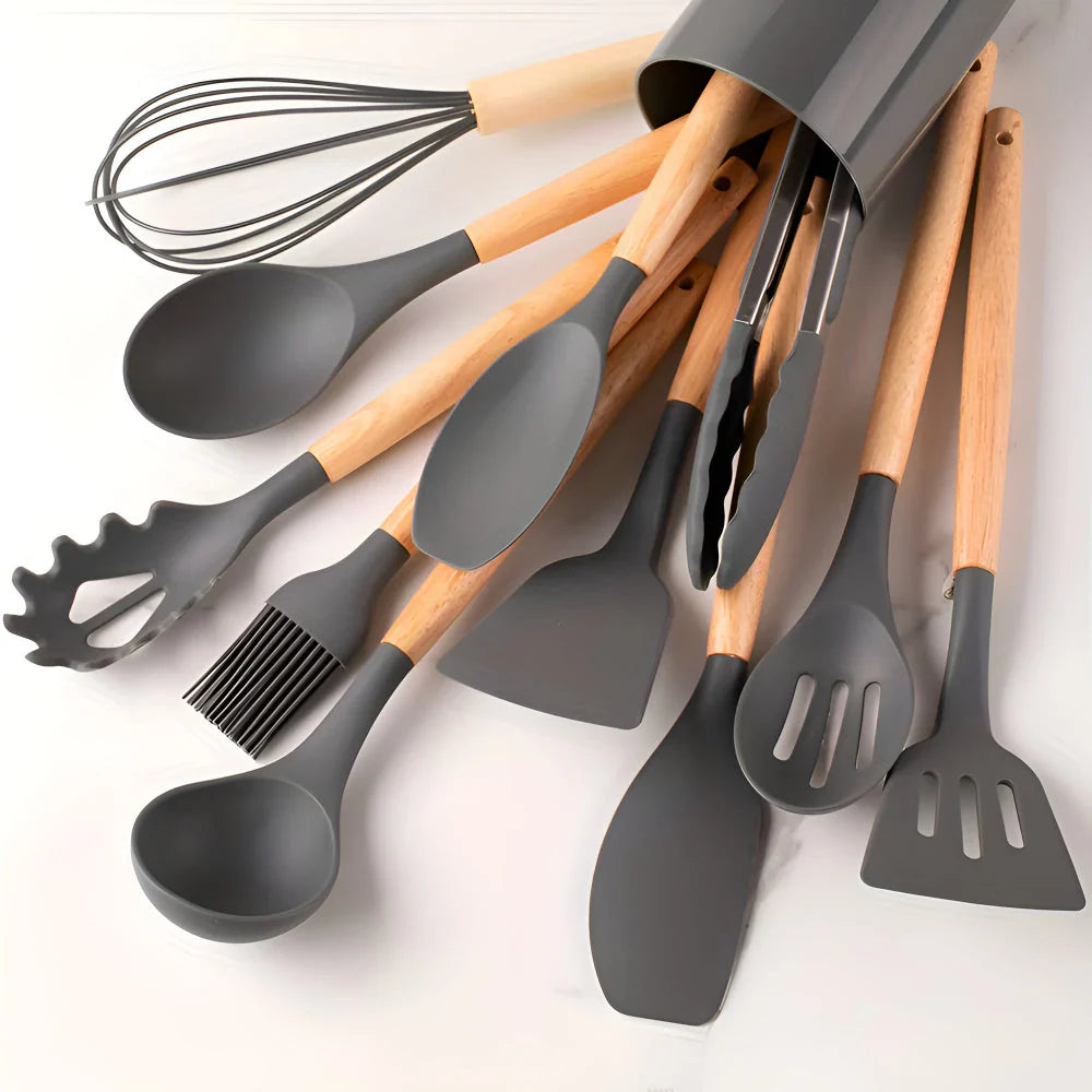 Cooking Utensil Set | BPA-Free Heat-Resistant Silicone & Bamboo Handles | Set of 12