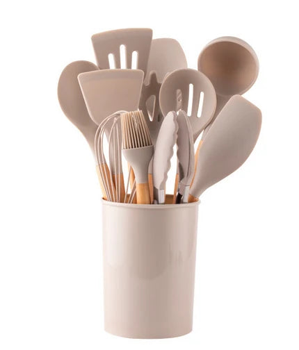 Cooking Utensil Set | BPA-Free Heat-Resistant Silicone & Bamboo Handles | Set of 12
