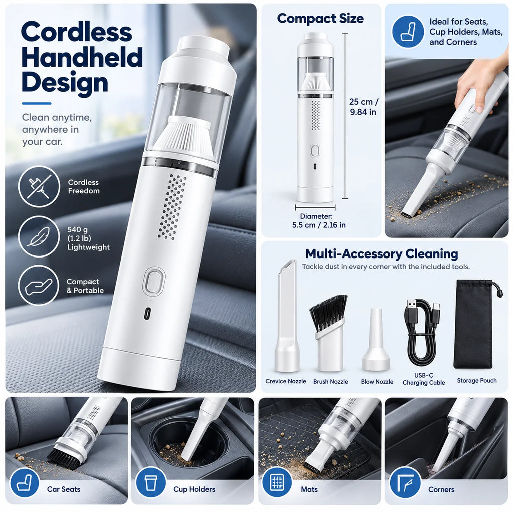 Cordless Car Vacuum | Ultra-Light Handheld & Tight-Space Nozzles