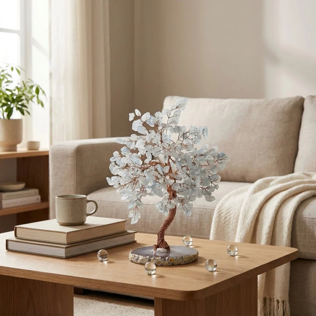 Decorative Gemstone Tree | Natural Stone Leaves & Flexible Branches | 16 x 13 x 8 cm
