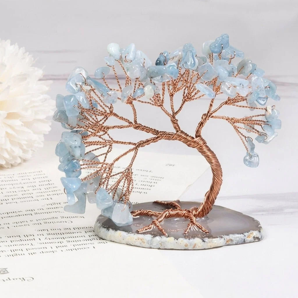 Decorative Gemstone Tree | Natural Stone Leaves & Flexible Branches | 16 x 13 x 8 cm