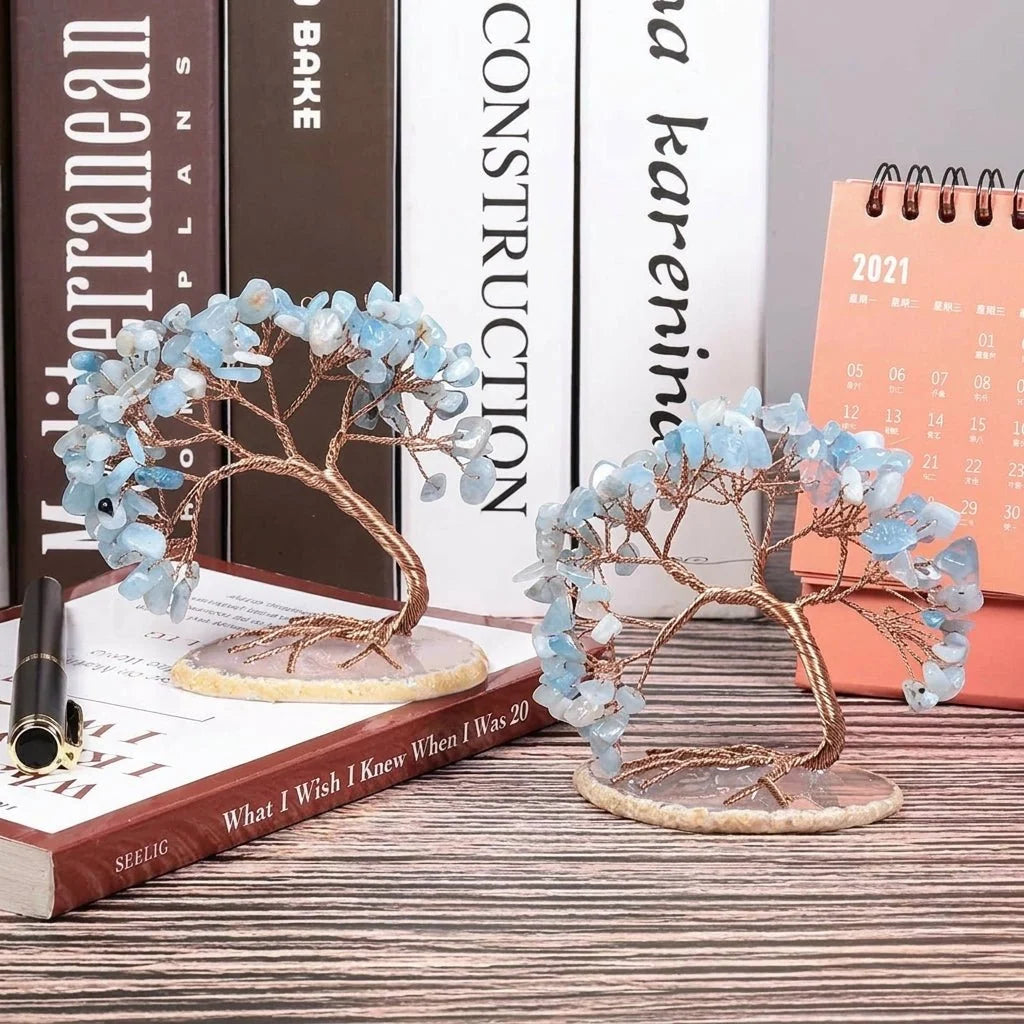 Decorative Gemstone Tree | Natural Stone Leaves & Flexible Branches | 16 x 13 x 8 cm