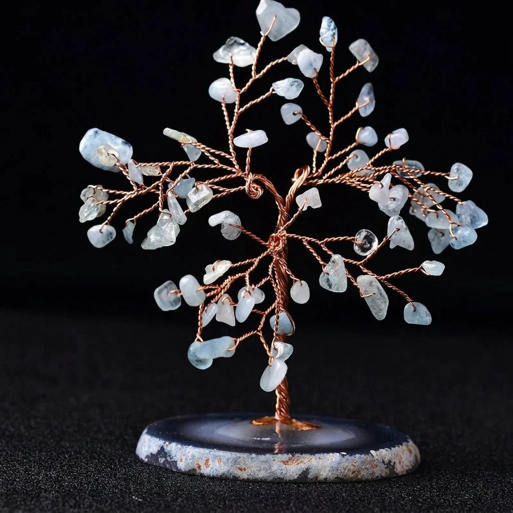 Decorative Gemstone Tree | Natural Stone Leaves & Flexible Branches | 16 x 13 x 8 cm