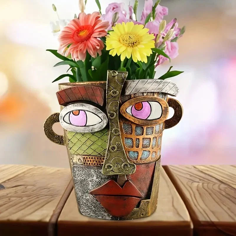 Decorative Planter | Hand-Painted Resin Abstract Face