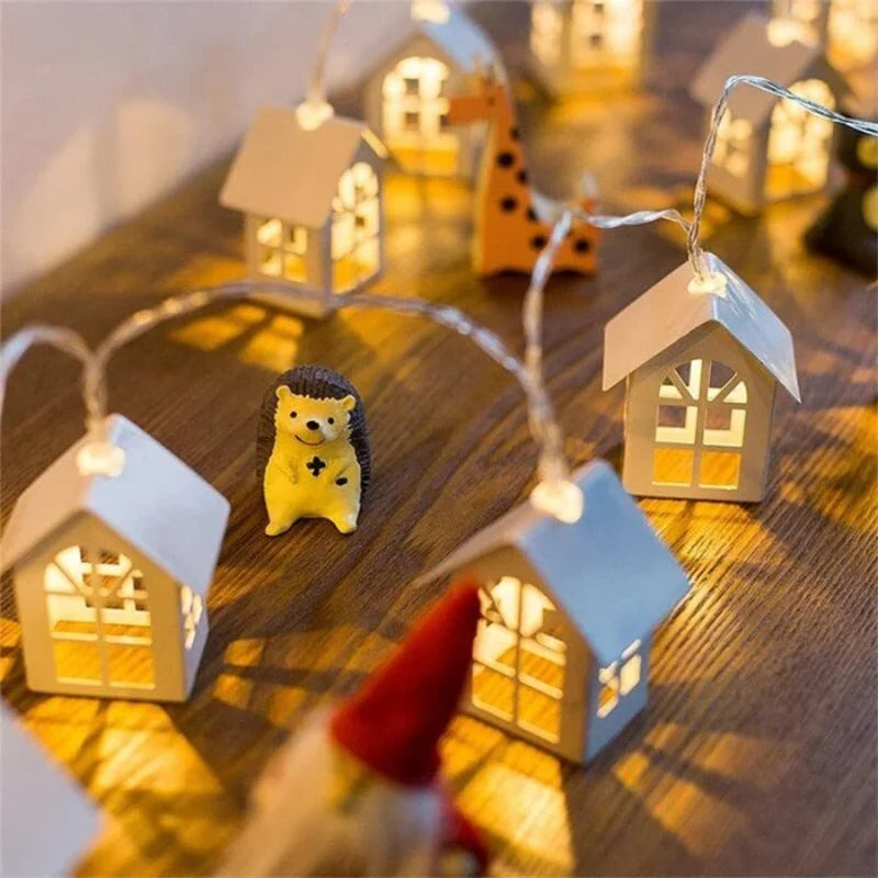 Decorative String Lights | Solid Wood 3D Houses & Warm Glow