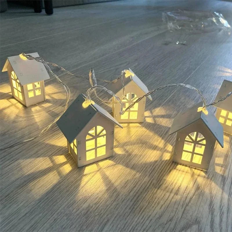 Decorative String Lights | Solid Wood 3D Houses & Warm Glow