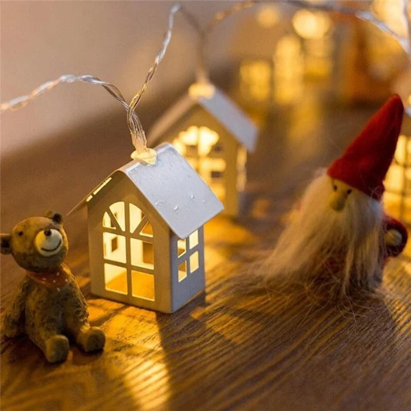 Decorative String Lights | Solid Wood 3D Houses & Warm Glow