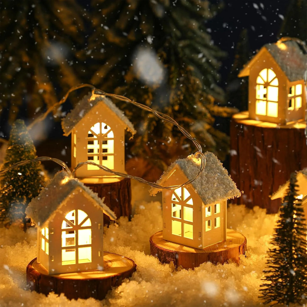 Decorative String Lights | Solid Wood 3D Houses & Warm Glow