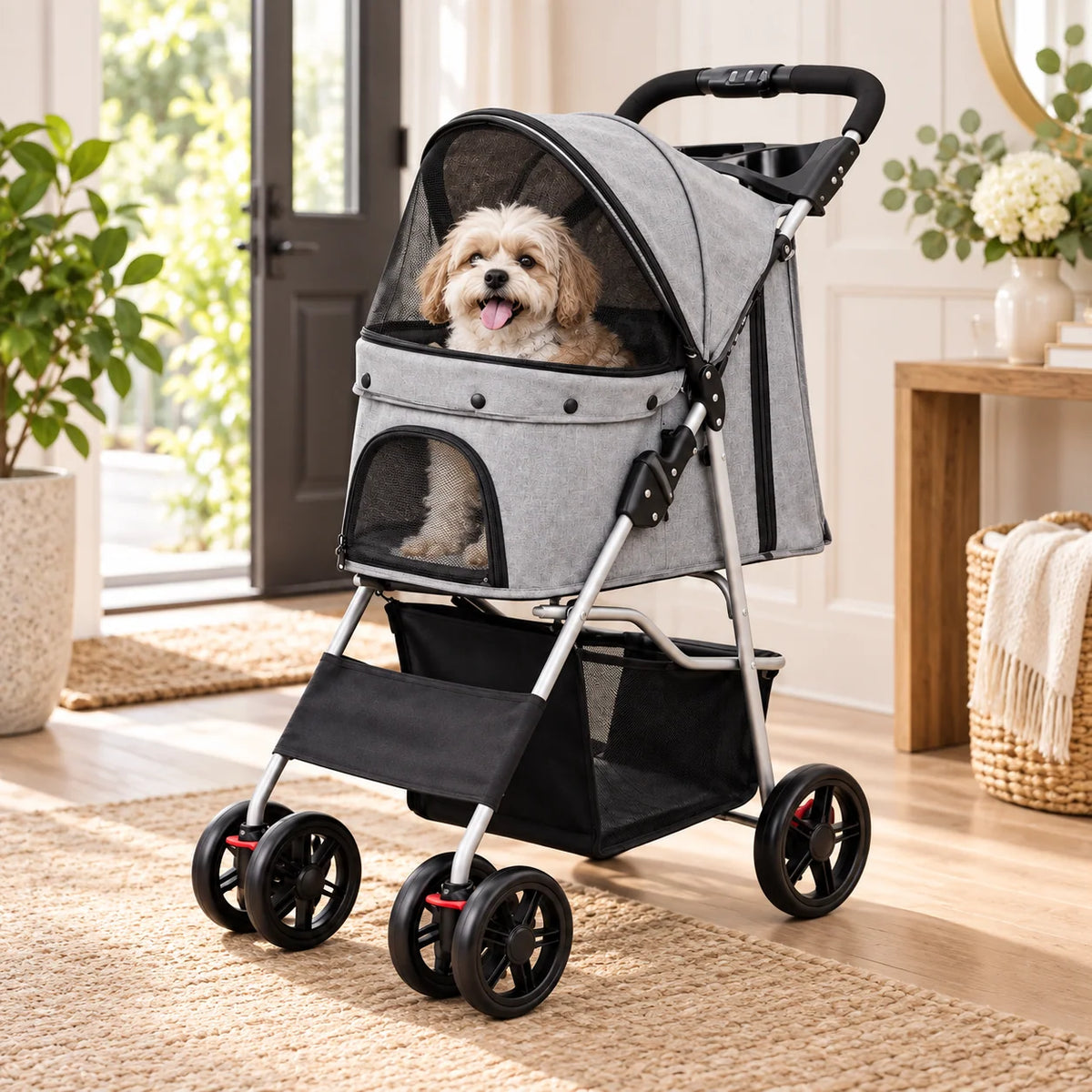 Dog Stroller | Foldable & Lightweight | Safety Belt & Storage Basket
