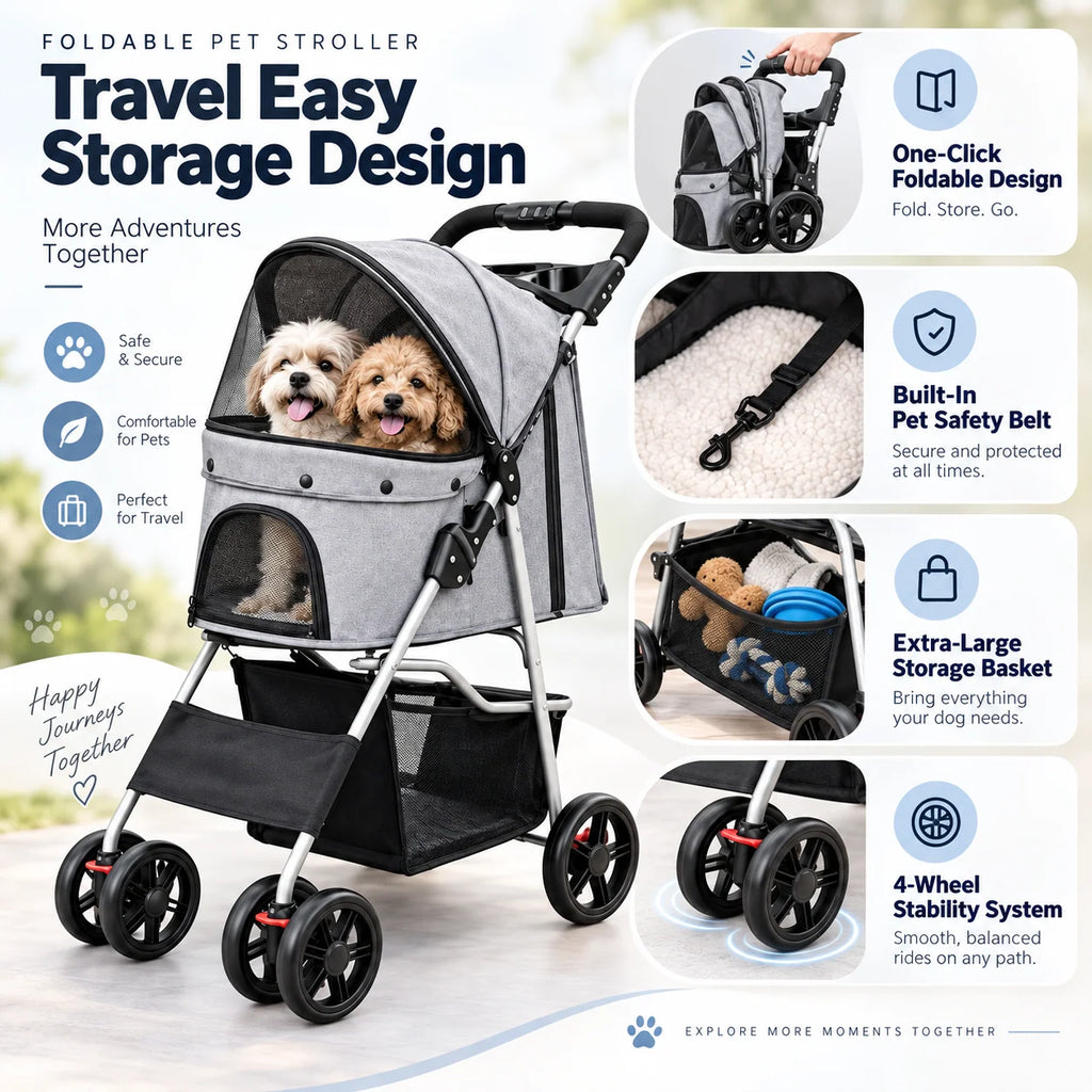 Dog Stroller | Foldable & Lightweight | Safety Belt & Storage Basket