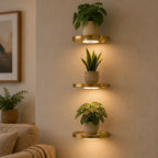 Floating Wall Shelf | Built-In LED & Battery-Powered | Gold Finish