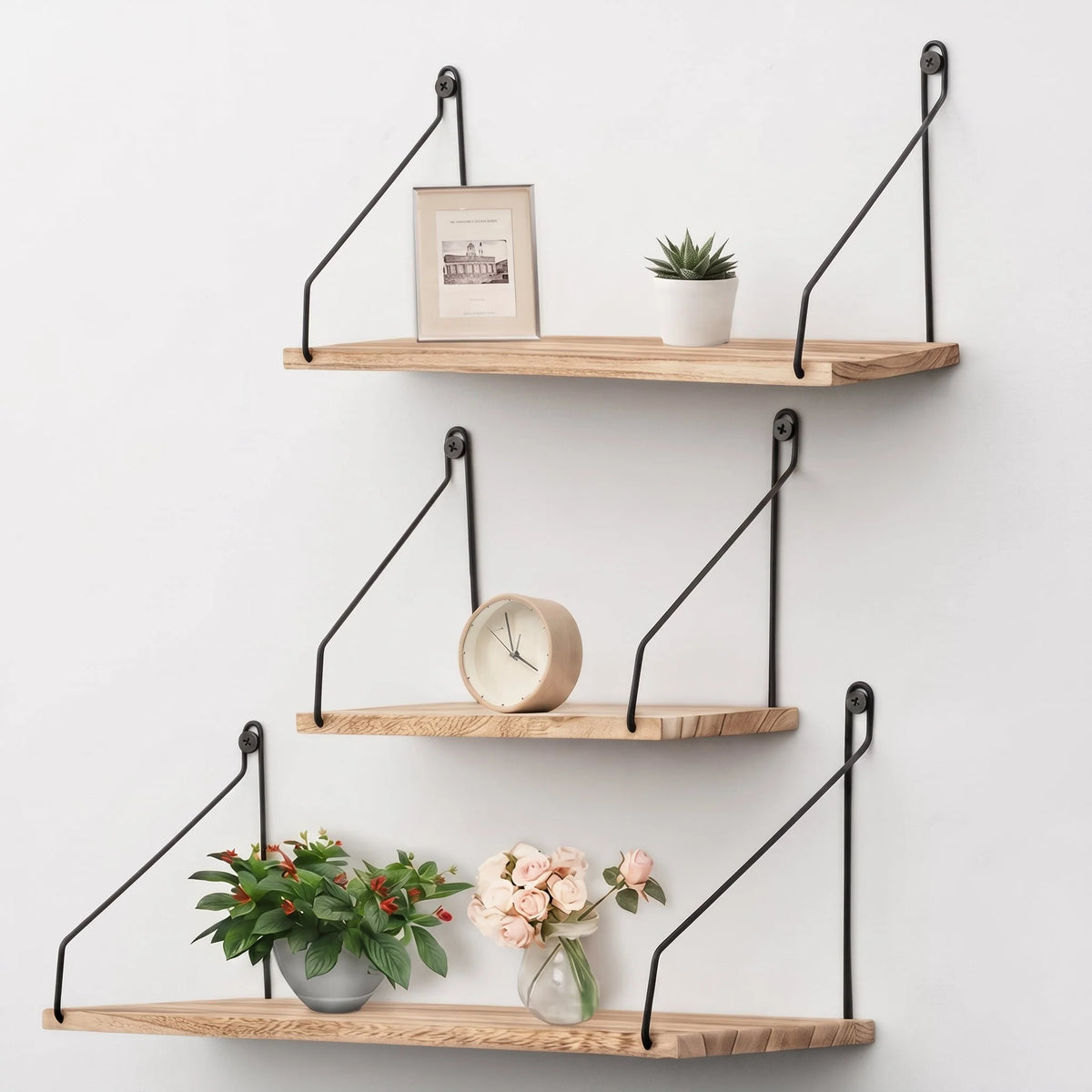 Floating Wall Shelf | Natural Wood & Angled Bracket | Space-Saving