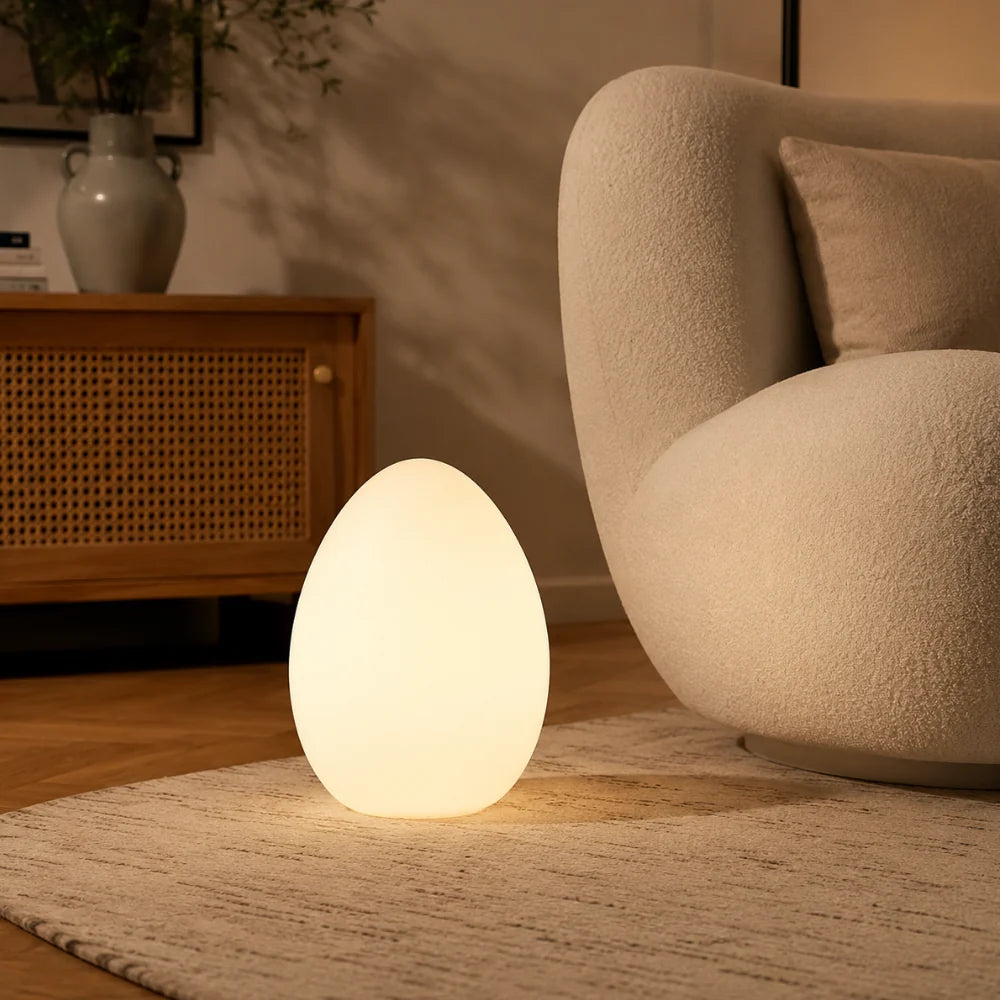 Floor Lamp | Egg-Shaped Sculptural LED & Molded Shell | Weighted Base