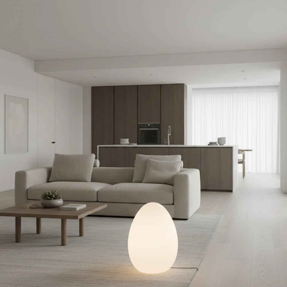 Floor Lamp | Egg-Shaped Sculptural LED & Molded Shell | Weighted Base