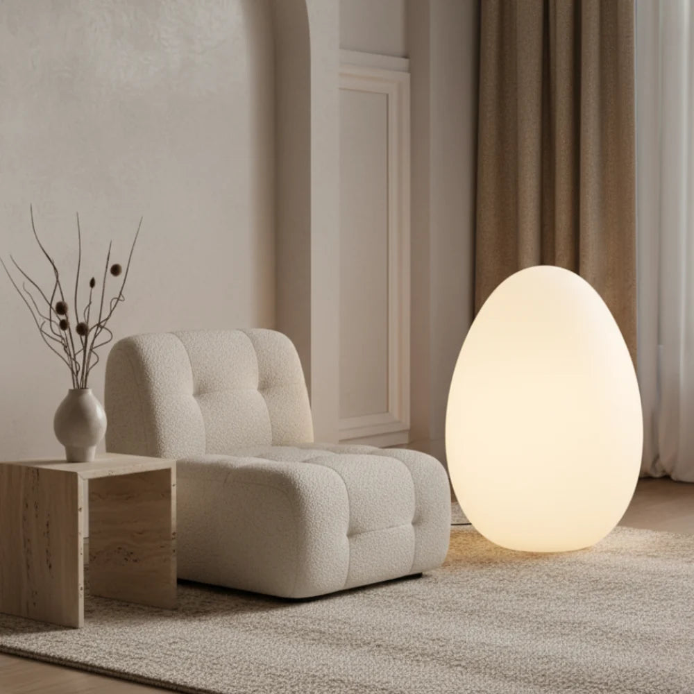Floor Lamp | Egg-Shaped Sculptural LED & Molded Shell | Weighted Base