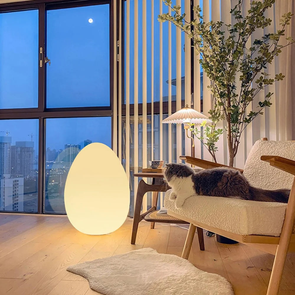 Floor Lamp | Egg-Shaped Sculptural LED & Molded Shell | Weighted Base