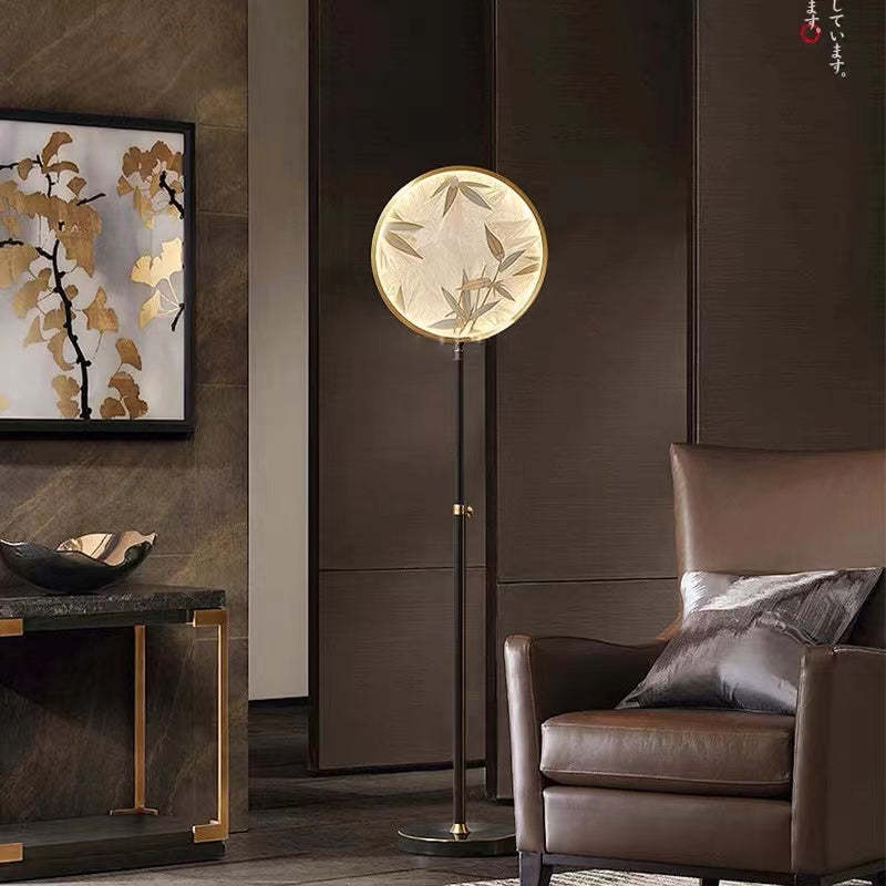 Floor Lamp | Glass Circle Shade & Bamboo Print