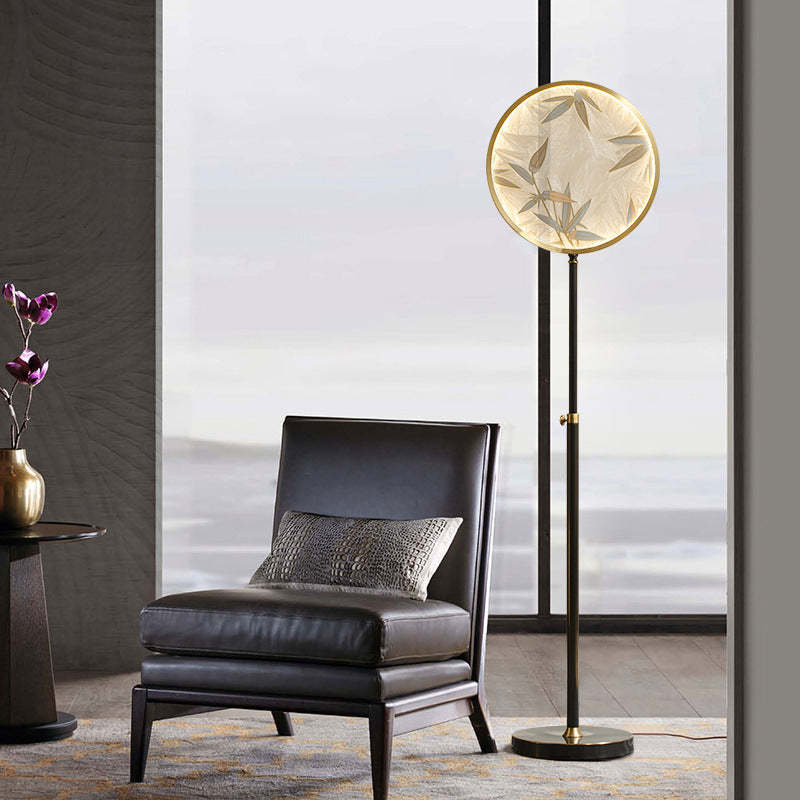 Floor Lamp | Glass Circle Shade & Bamboo Print