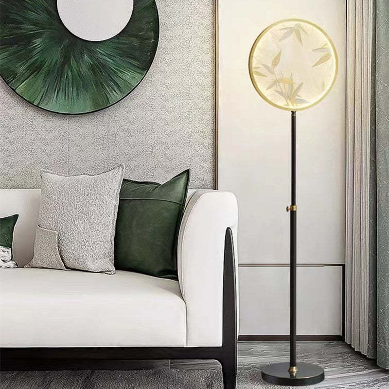 Floor Lamp | Glass Circle Shade & Bamboo Print