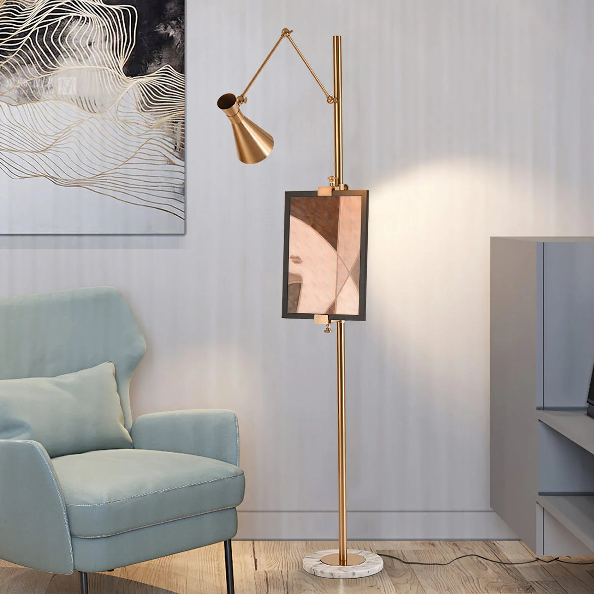 Floor Lamp | Gold Frame & White Marble Base | Art Display Lighting