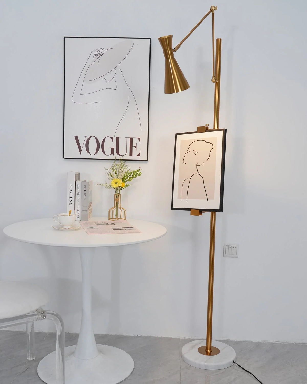 Floor Lamp | Gold Frame & White Marble Base | Art Display Lighting