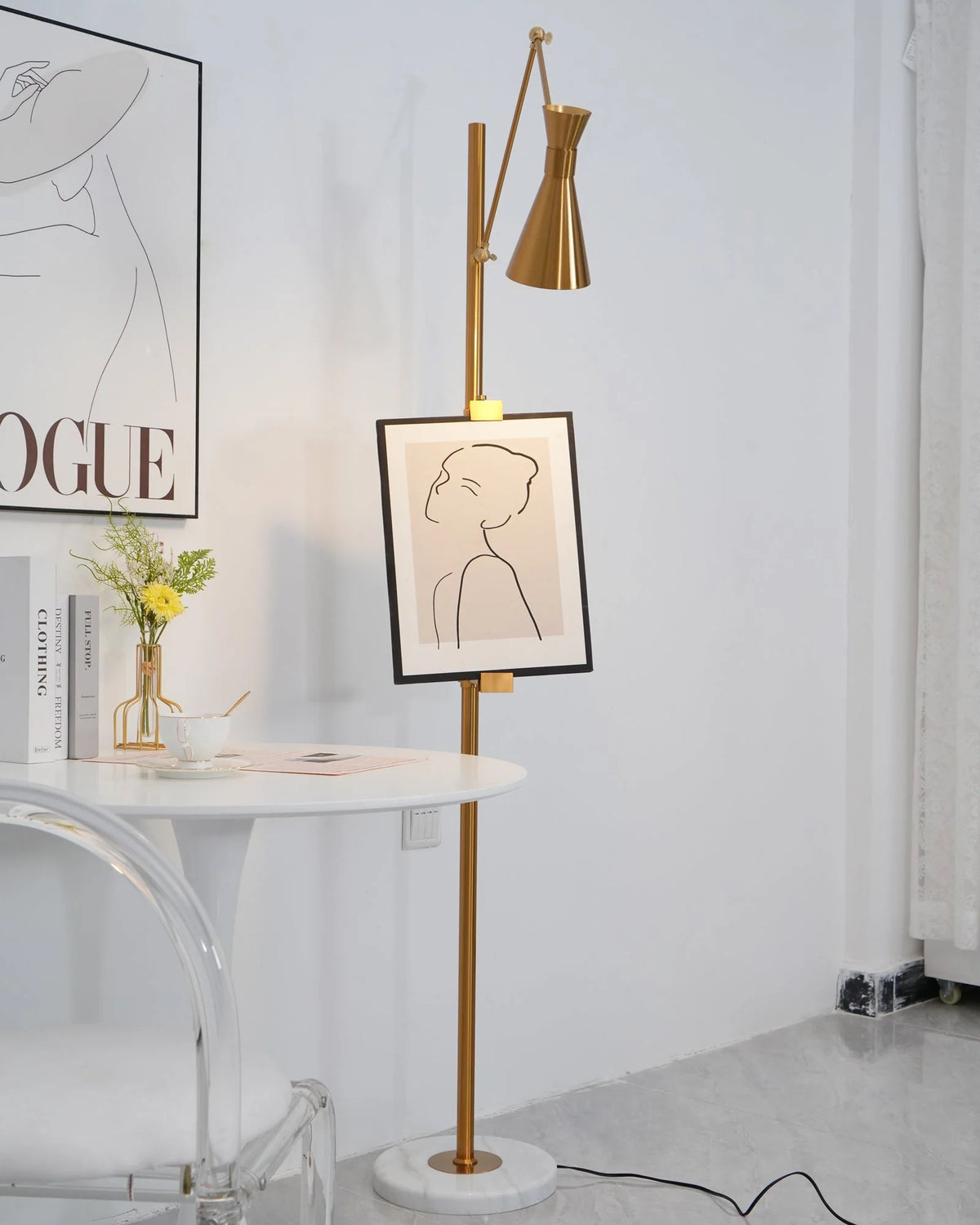 Floor Lamp | Gold Frame & White Marble Base | Art Display Lighting