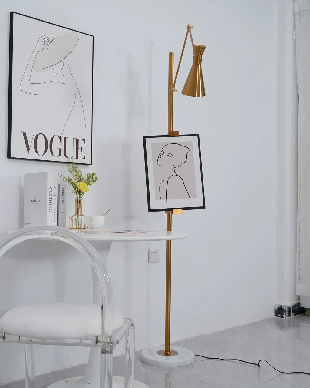 Floor Lamp | Gold Frame & White Marble Base | Art Display Lighting